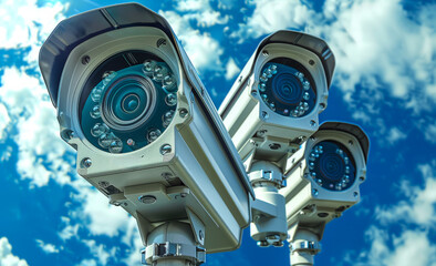 Two security cameras are mounted on pole with blue sky in the background.