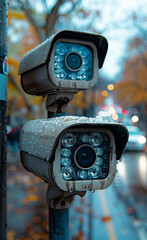 Two CCTV cameras are mounted on pole in the rain