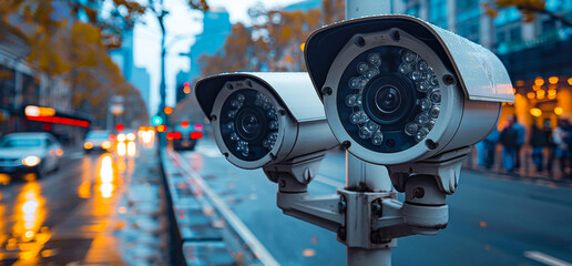 Two cctv security cameras on city street with blured traffic lights on the background