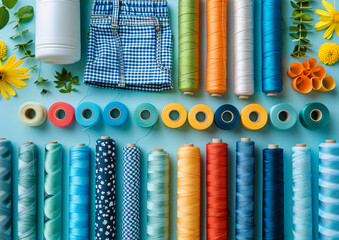 Sewing threads fabric and flowers on blue background