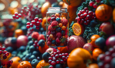 Jar with fresh berries and fruits on dark background