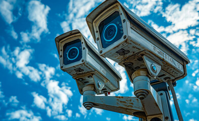 Two surveillance cameras are mounted on pole against blue sky