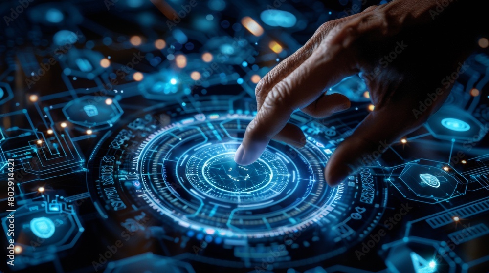 Poster close-up of a hand engaging with a cutting-edge holographic digital interface on a dark backdrop