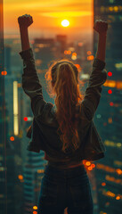 Young woman standing on the balcony with raised hands and looking at the cityscape and sunset