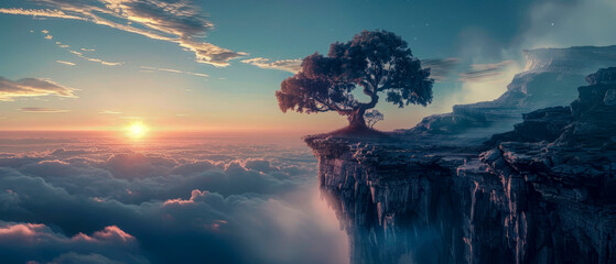 A tree is growing on a cliff with a beautiful sunset in the background