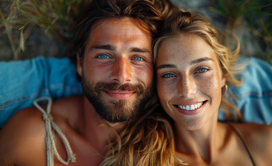 Close up of young couple lying down on the beach and taking selfie