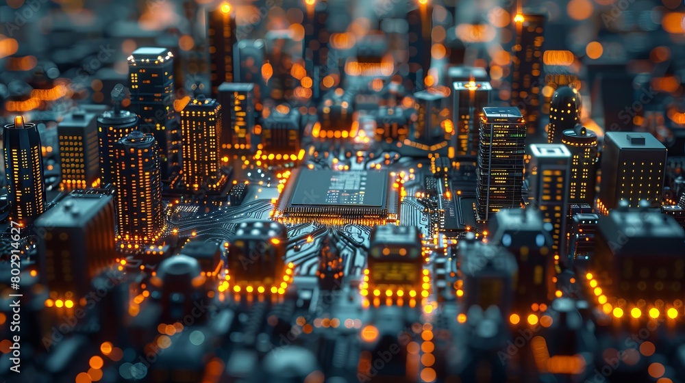 Poster smart chip processor integrated with buildings, illustrating the concept of a smart city in a 3d ren