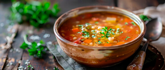 Rustic bowl of soup on wooden table, spoon, seasonal vegetables, fresh herbs