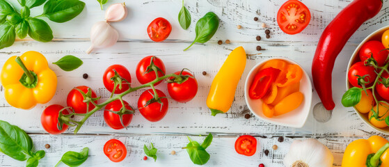 Top view table with variety of fresh vegetables including tomatoes, peppers and basil