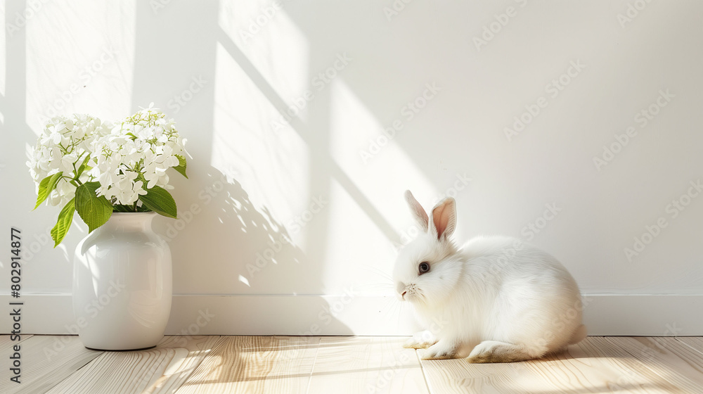 Wall mural White rabbit and white hydrangea in a white room