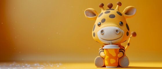 A small giraffe sitting on yellow clean background with a cup in its mouth