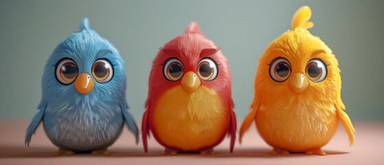 Three birds with different colors standing next to each other, curiosity and playfulness