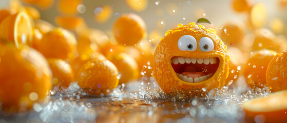 A funny cartoon orange with big smile on its face surrounded by many other oranges