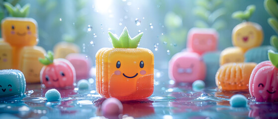 Cartoonish scene of smiling yellow fruit with a crown on top