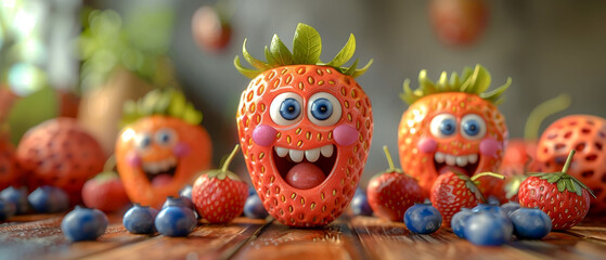 Cartoon strawberries smiling and have mouth open on wooden table