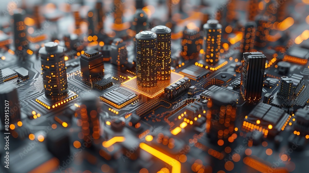 Poster smart chip processor integrated with buildings, illustrating the concept of a smart city in a 3d ren