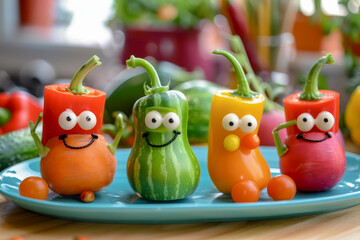 Close up vegetables with funny faces drawn on them, healthy food and care for children