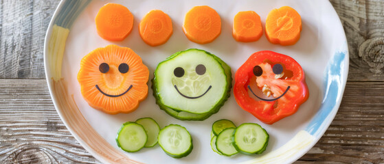 Top view plate of vegetables with smiling faces, healthy food and care for children