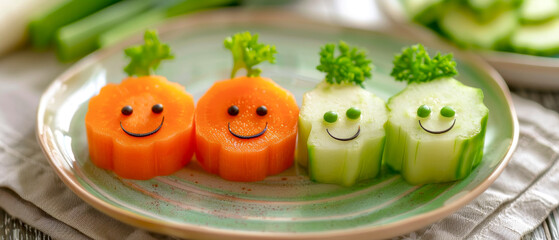 Vegetables plate with carrots and celery, healthy food and care for children