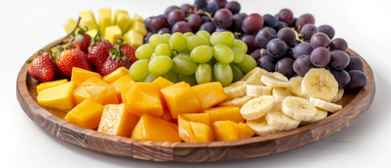 A wooden tray with variety of fruits including bananas, strawberries, grapes