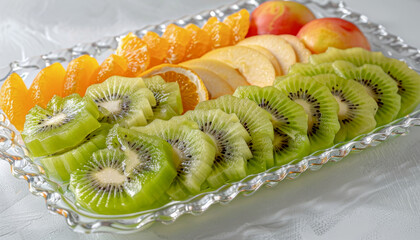 Crystal tray of sliced fruit including kiwi, oranges, and apples