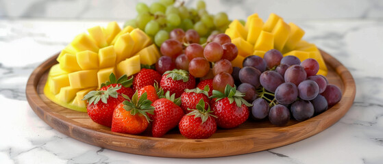 Round wooden tray with variety of strawberries, grapes, mangoes on marble table