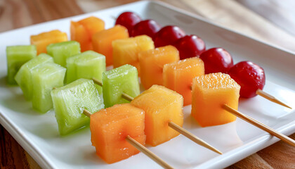 Close up plate of fruit skewers with variety of colors including green, orange, red