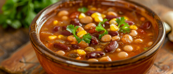 Fresh bowl of chili with beans and corn on wooden table