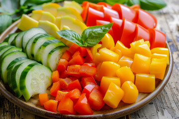Colorful plate of vegetables, sliced ​​cucumber, carrot and yellow bell pepper