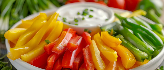 A plate of colorful vegetables with white dip and yogurt sauce