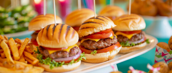 Mini burgers with crispy fries, served on a festive plate, blurred background