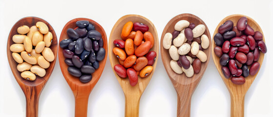 A spoonful of beans shown in five different colors on white background
