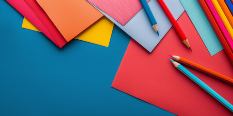 Flat lay with colorful paper and pencils on bright vivid background with copy space.
