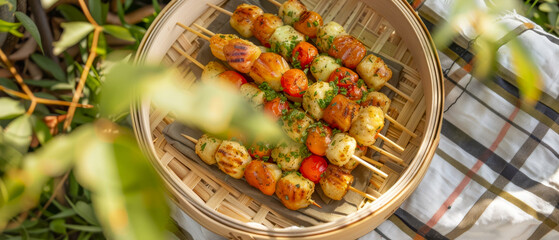 Top view plate of skewers with vegetables, hot dogs on picnic bamboo plate