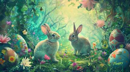 A whimsical Easter garden with playful bunnies frolicking among colorful eggs and blooming flowers, the words "Happy Easter" written in swirling script against a backdrop of lush greenery.