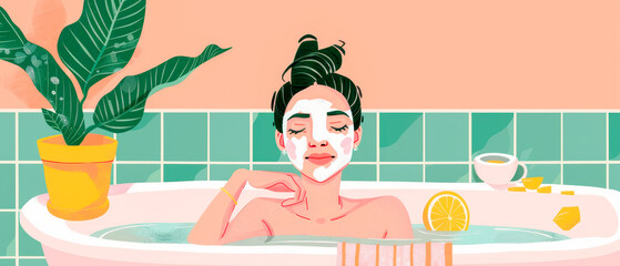 Illustration of woman in bathtub with lemon slice, relaxation and self-care