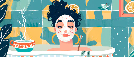 Illustration with woman sitting in bathtub with face mask on, relaxation and self-care