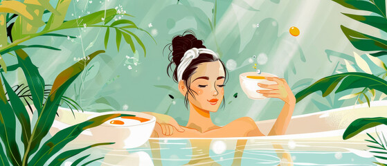 Illustrations with woman in bathtub, relaxing and enjoying moment
