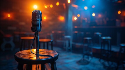 Stage setup for stand-up comedy with a microphone and stool, featuring reflectors' rays, high-contrast image.