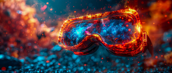 A pair of red and blue goggles with a blue lens, futuristic environment