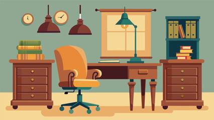 A traditional home office showcasing a thrifted wooden rolltop desk a vintage leather office chair and a refurbished thrifted table lamp.. Vector illustration