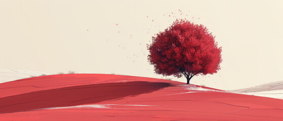 Illustrations with red tree stand in field of red grass, warmth and tranquility