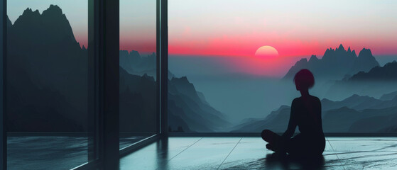 Woman silhouette sitting in room with view of mountains and a sunset