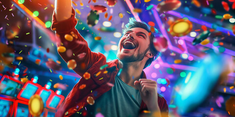 Excited man celebrating winning money in the casino. Male player by the slot machines. Gambling addiction.