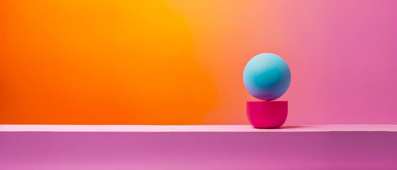 Small blue ball sits on pink shelf, colorful background
