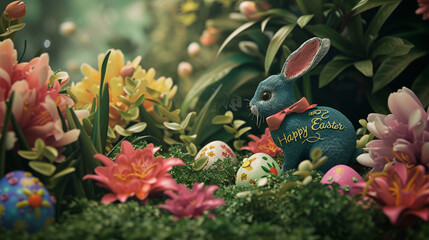 A whimsical Easter garden with playful bunnies hopping among colorful eggs and vibrant flowers, the words "Happy Easter" written in swirling script against a backdrop of lush greenery.