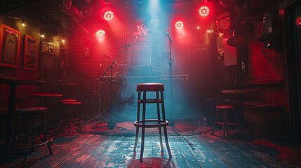Stage setup for stand-up comedy with a microphone and stool, featuring reflectors' rays, high-contrast image.