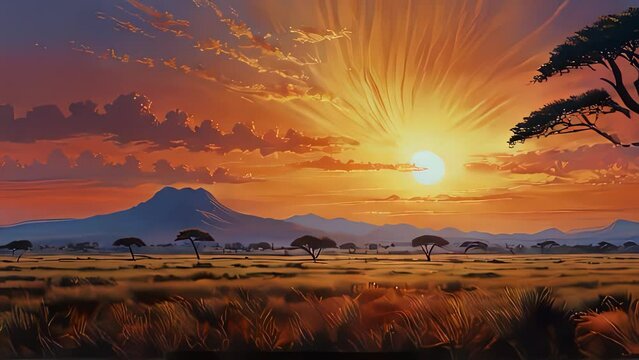 sunset over African savannah silhouette 