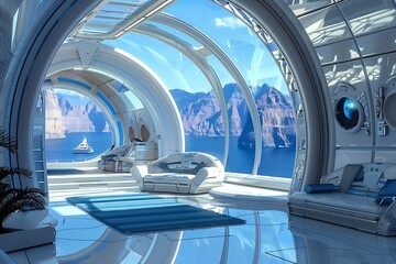 Retrofuturism abode with arched viewports, under a clear blue expanse. - obrazy, fototapety, plakaty