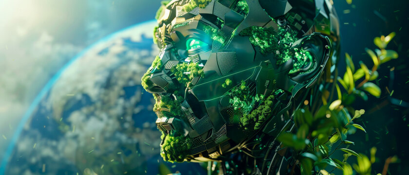 Green robotic face with blurred earth planet in the background